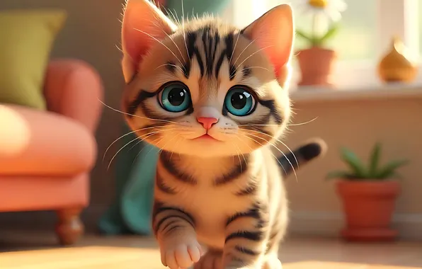 Кошка, взгляд, свет, поза, котенок, комната, диван, окно
