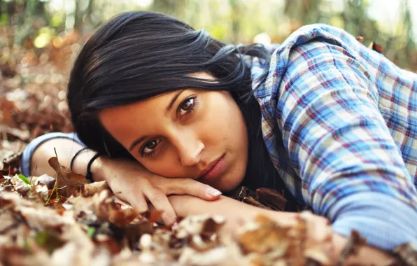 Глаза, листья, волосы, красота, губы, eyes, leaves, beauty