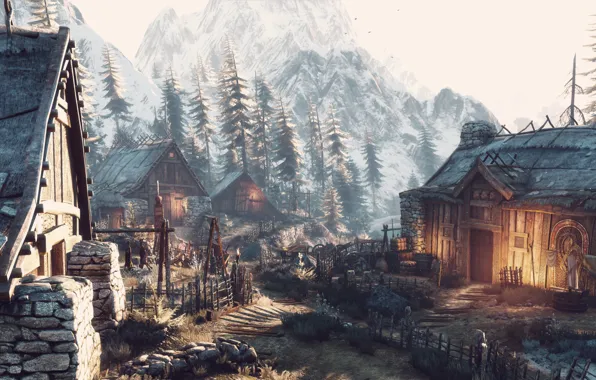 Горы, деревня, Ведьмак, The Witcher 3, Winter Getaway