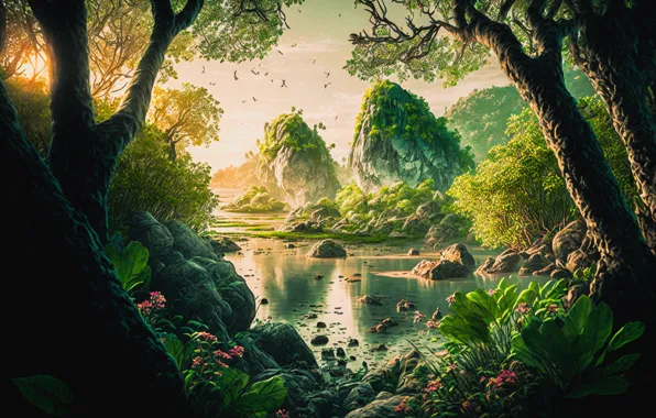 Зелень, лес, лето, свет, деревья, пейзаж, цветы, природа