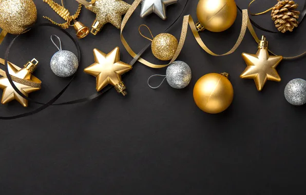 Картинка украшения, золото, шары, Новый Год, Рождество, golden, черный фон, black