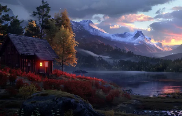 Картинка water, mountains, lake, illustration, cabin, AI art