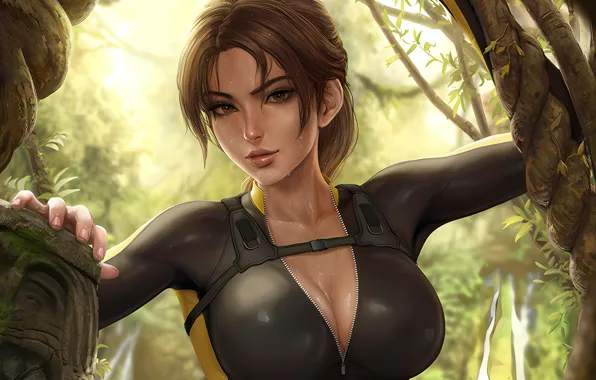 Tomb Raider, girl, sexy, wet, cleavage, blouse, long hair, brown hair