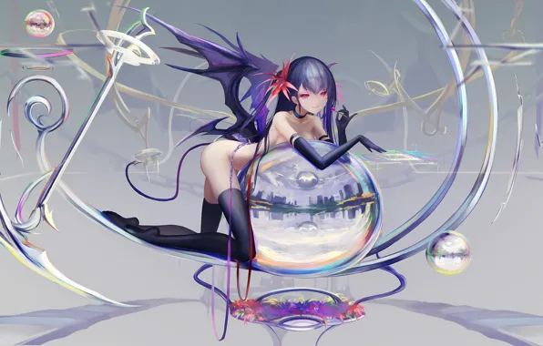 Girl, sexy, thighhighs, long hair, legs, boobs, anime, wings