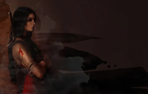 Картинка девушка, лицо, оружие, кровь, рука, меч, пирсинг, арт