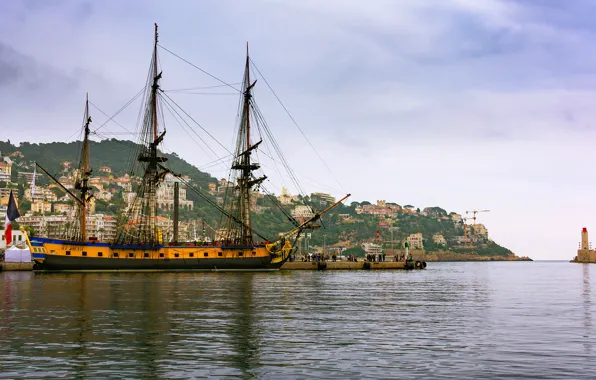 Море, деревья, пейзаж, берег, Франция, корабль, дома, парусник