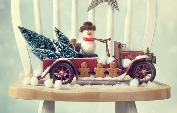Картинка машина, авто, стул, снеговик, ёлки, пряники
