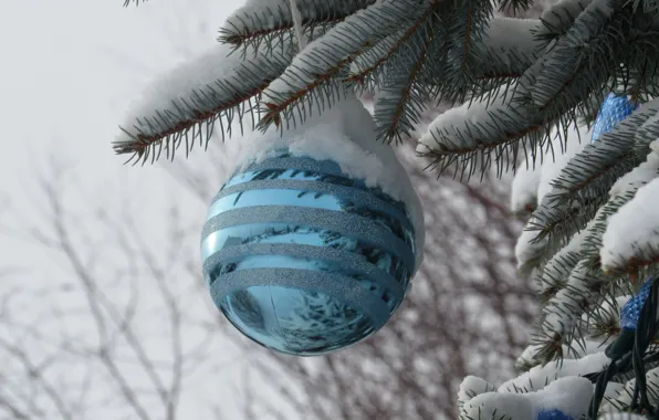Картинка снег, игрушка, елка, новый год, шар, рождество, украшение
