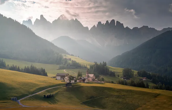 Горы, утро, Trentino-Alto Adige, Funes, Santa Maddalena Alta