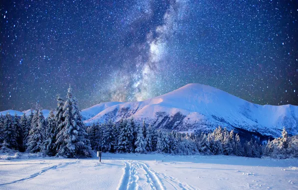 Зима, Горы, Снег, Winter, Snow, Mountains, Звездное небо, Starry sky