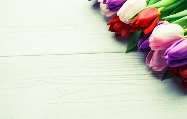 Цветы, букет, colorful, тюльпаны, red, white, wood, flowers