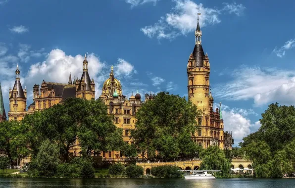 Небо, облака, деревья, пейзаж, озеро, замок, HDR, Германия