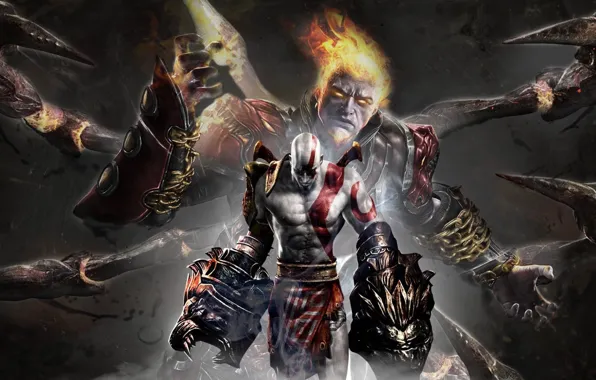 Fire, flame, sword, armor, Kratos, God of War, lion, general