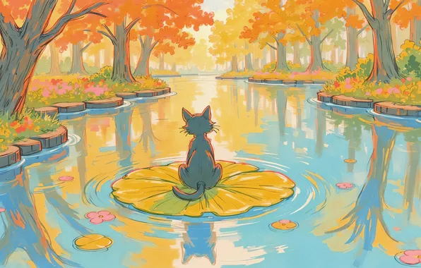 Осень, кошка, кот, вода, деревья, природа, поза, озеро