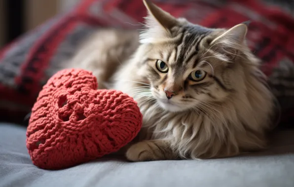 Кошка, кот, взгляд, поза, серый, красное, игрушка, сердце