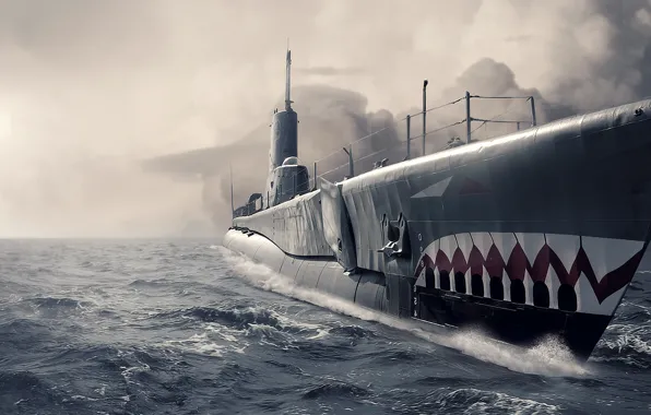 Картинка океан, нос, арт, подводная лодка, Submarine