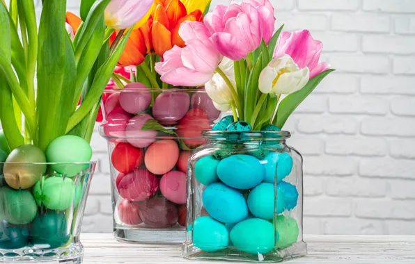 Картинка цветы, яйца, весна, colorful, Пасха, тюльпаны, happy, pink