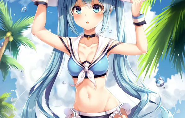 Girl, sexy, vocaloid, hatsune miku, cleavage, beach, long hair, sea