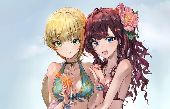 Sexy, cleavage, flower, red hair, green eyes, long hair, girls, boobs