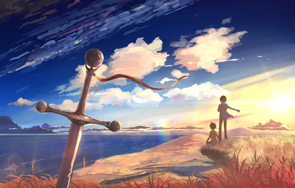 Картинка небо, трава, солнце, облака, закат, оружие, океан, меч