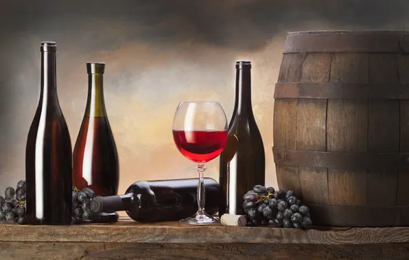 Картинка вино, бутылка, виноград, бочка, wine, grapes, bottle, barrel