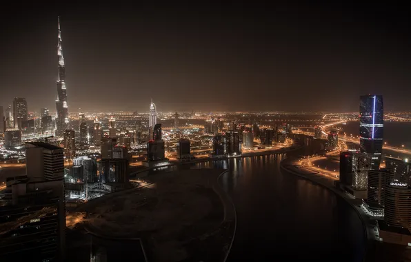 City, огни, дома, Дубай, Dubai, высотки, панорама., Naght