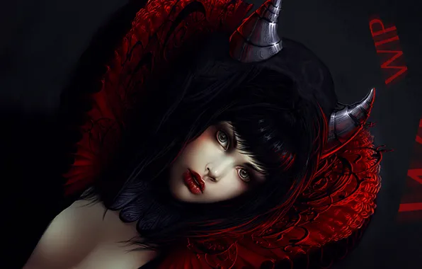 Картинка девушка, красный, текст, черный, рога, Демон