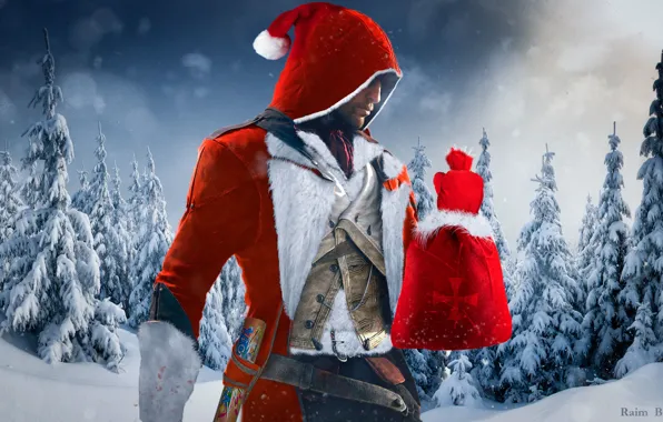 Картинка Взгляд, Снег, Свет, Новый год, Капюшон, Дед Мороз, Ubisoft, Assassin's Creed