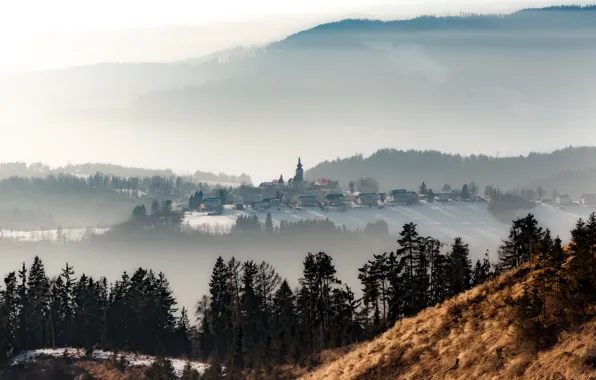 Картинка горы, город, туман, утро