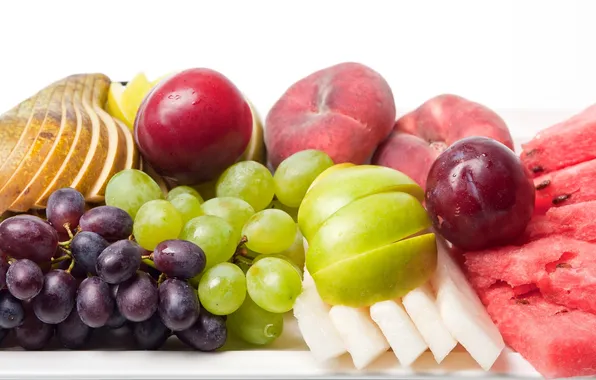 Картинка виноград, слива, груша, фрукты, персик, яблоко, дыня, арбуз