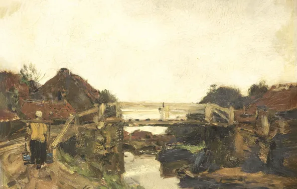 Пейзаж, масло, картина, 1878, Якоб Хендрикус Марис, Jacob Maris, Якоб Марис, Деревянный мост