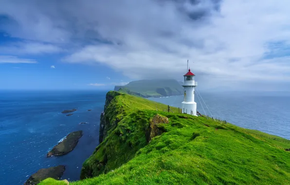 Картинка острова, океан, маяк, Faroe Islands, Mykines, Holmur Lighthouse