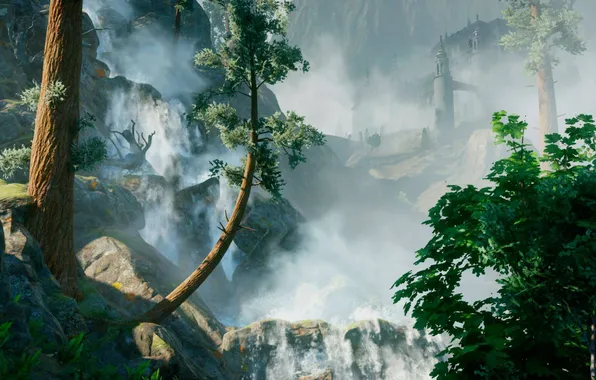 Картинка лес, деревья, горы, природа, замок, водопад, арт, dragon age inquisition