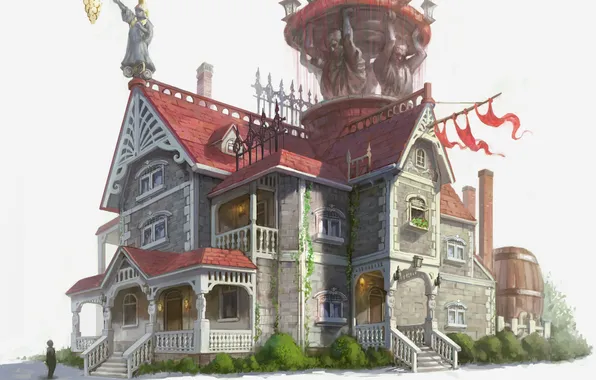 Картинка человек, Дом, лестницы, балкон, флаги, скульптуры