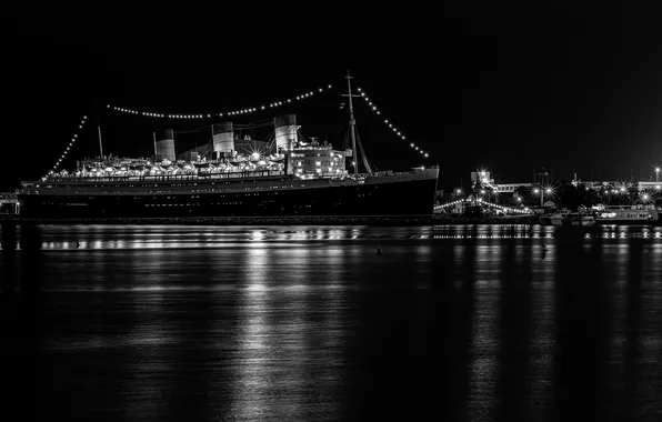 Вечер, порт, лайнер, Queen Mary 2, круизный