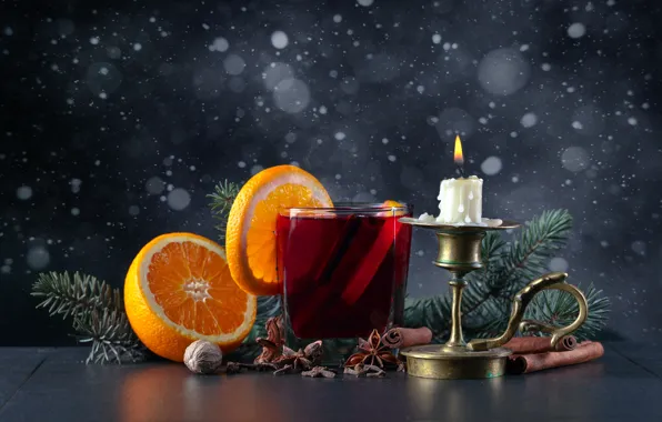 Снежинки, стакан, стол, фон, огонь, праздник, апельсин, свеча