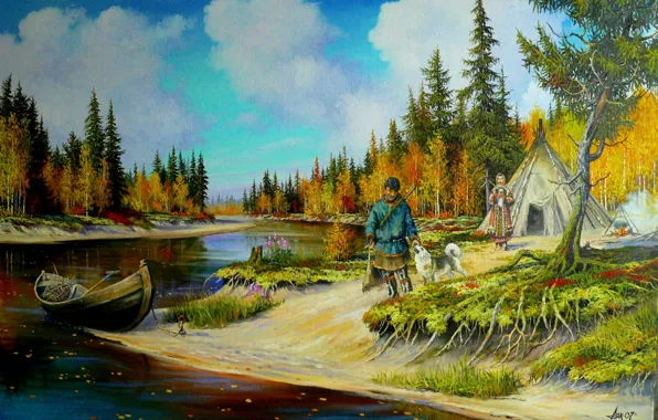 Картинка природа, река, собака, арт, охотник, Андрей Лях
