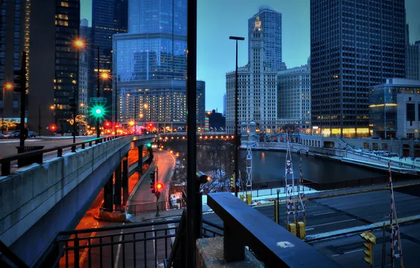 Картинка city, огни, небоскребы, вечер, USA, америка, чикаго, Chicago