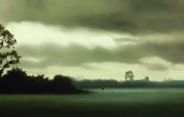 Картинка поле, небо, деревья, пейзаж, тучи, туман, картина, арт