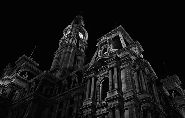 Картинка ночь, черно-белая, Часовня, Архитектура, Филадельфия, Пенсильвания