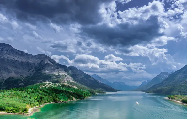 Лес, небо, облака, горы, природа, Канада, Alberta, Waterton Lakes National Park
