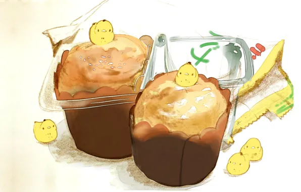Иероглифы, белый фон, птички, контейнеры, кексики, риснок, by drawing chisanne