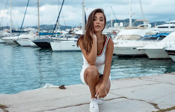 Model, Sneakers, Looking At Camera, Liya Silver, Mini Dress, On The Dock