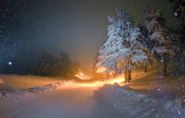 Зима, Ночь, Снег, Winter, Night, Snow, Зимний пейзаж, Winter Landscape