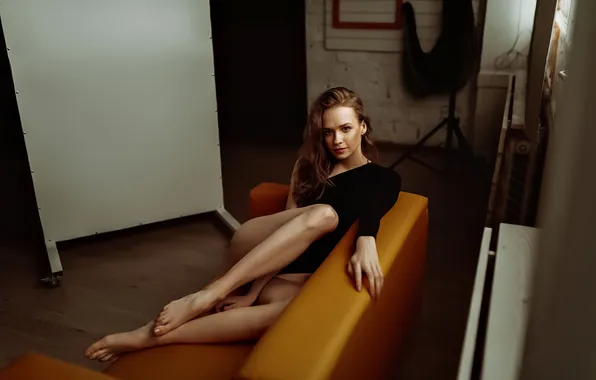 Картинка legs, women, couch, pale, slim body, Sergei Tomashev, black bodysuit