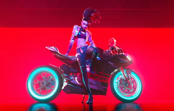 Девушка, Ducati, Akali, Красный Фон, KDA
