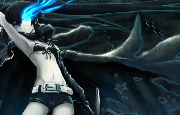 Оружие, пыль, цепи, плащ, black rock shooter, mato kuroi