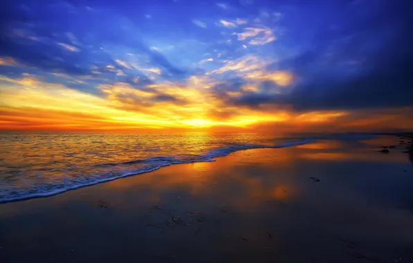 Картинка песок, море, небо, облака, берег, отлив, зарево