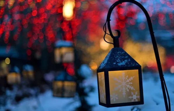 Картинка зима, снежинки, природа, огни, вечер, фонари, фонарики, боке