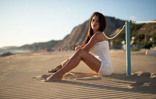 Beach, hills, sand, bokeh, blue sky, outside, sexy woman, shadow